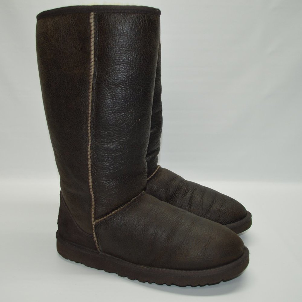 UGG Classic Tall Bomber Brown Leather Fur Lined - Picture 4 of 13